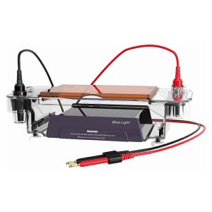 horisontal elektroforese-celle med blåt lys